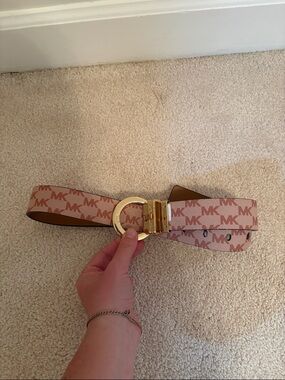 Michael Kors Pink and Tan MK Logo Reversible Belt with Gold Buckle